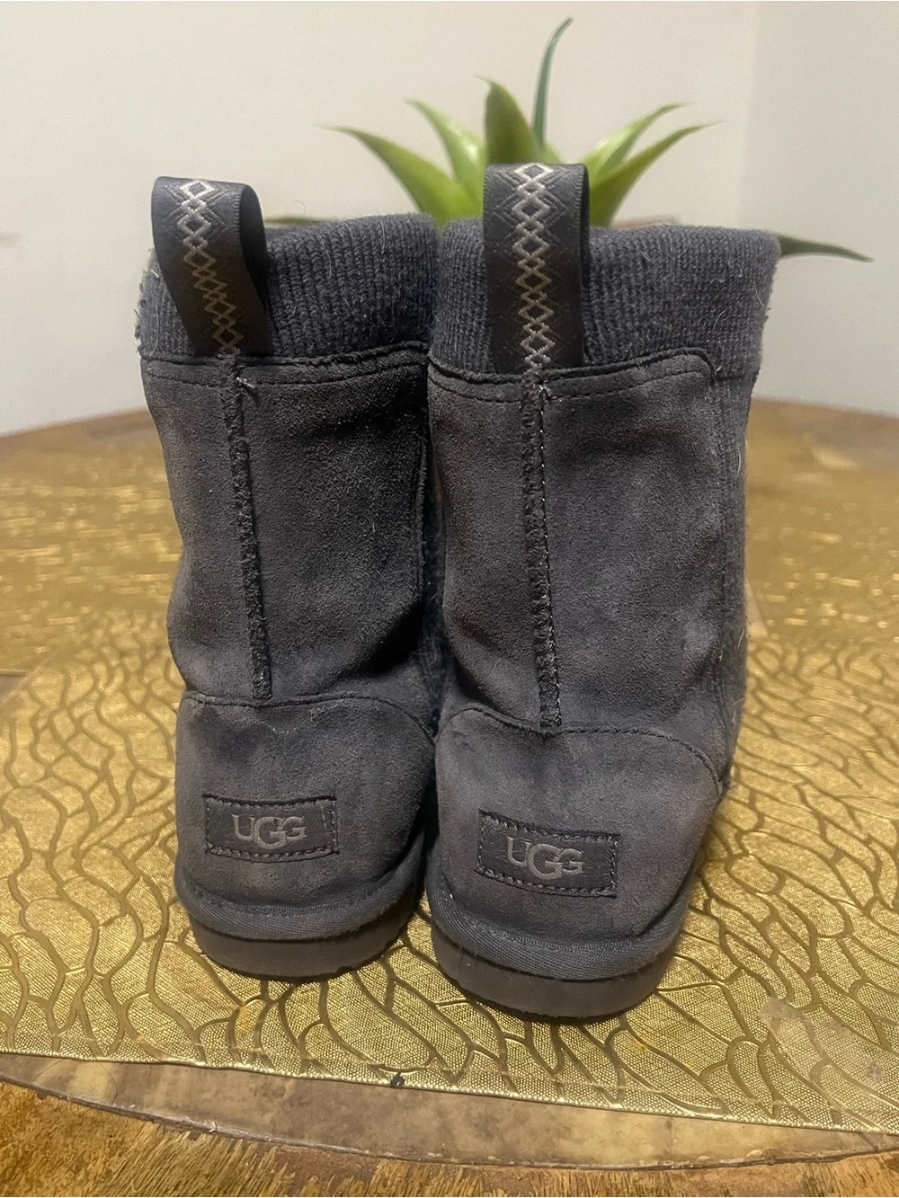 UGG Kids Black Suede Knit-Cuff Boots